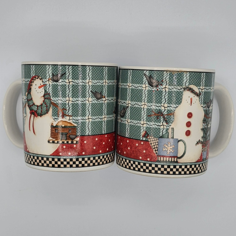 Vtg 1998 Sakura Debbie Mumm Frosty Folks Snowman Mug Set 2 Plaid Christmas Cup